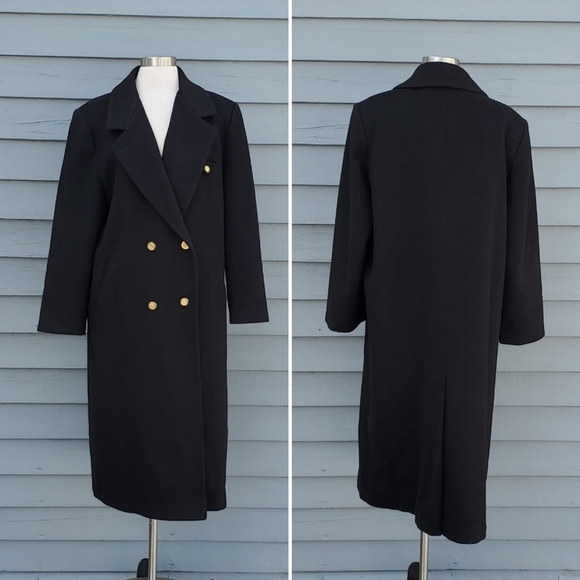 Vintage 80s Retro Preppy Acadamia Black Wool Union Made Longline Trench Coat 12 - Picture 6 of 6